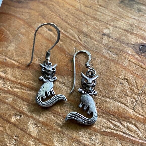 💛 Vintage 925 Fox Dangle Earrings - Picture 1 of 4